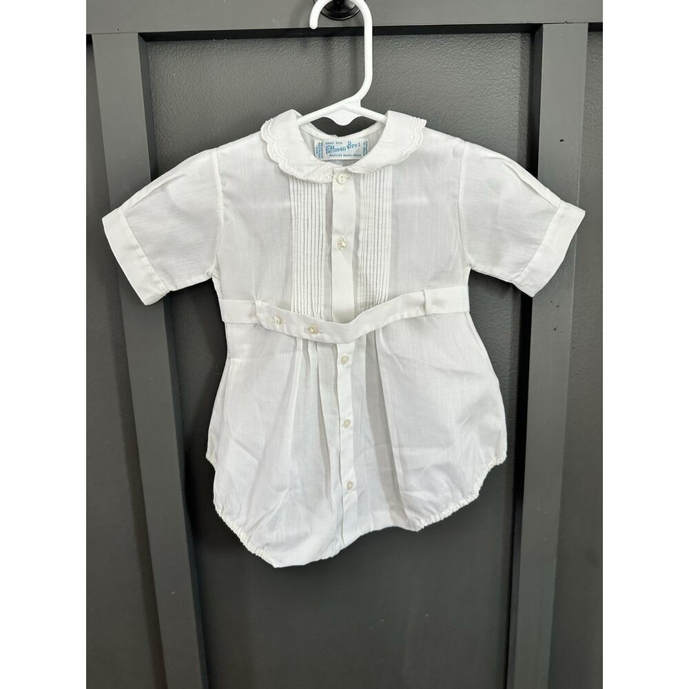 VINTAGE FELTMAN BROTHERS INFANT BOYS HAND EMBROIDERED WHITE ONE PIECE ROMPER